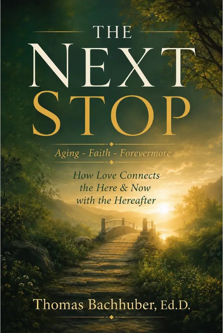 Cover of The Next Stop by Thomas Bachhuber, a stone path leading to a bridge at sunrise